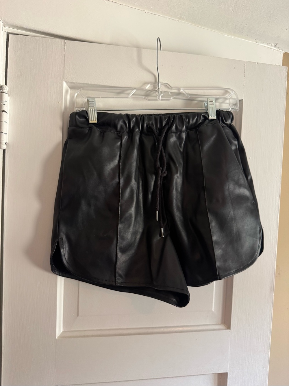 Topshop Black Faux Leather Athletic Shorts with Drawstring